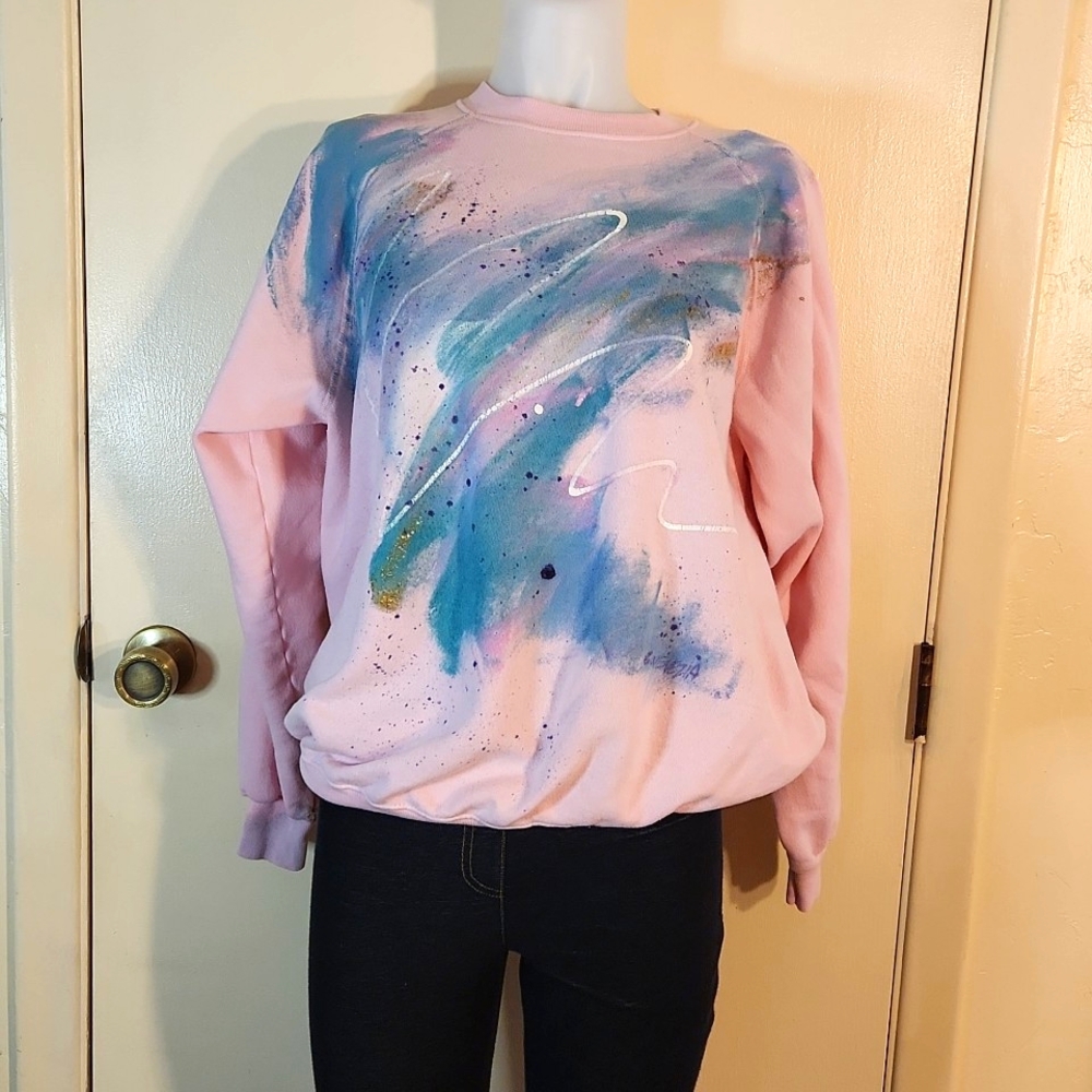 Vintage 80's Women's Sweatshirt Heavy Sweats 1 of a kind Abstract Artwear Pink